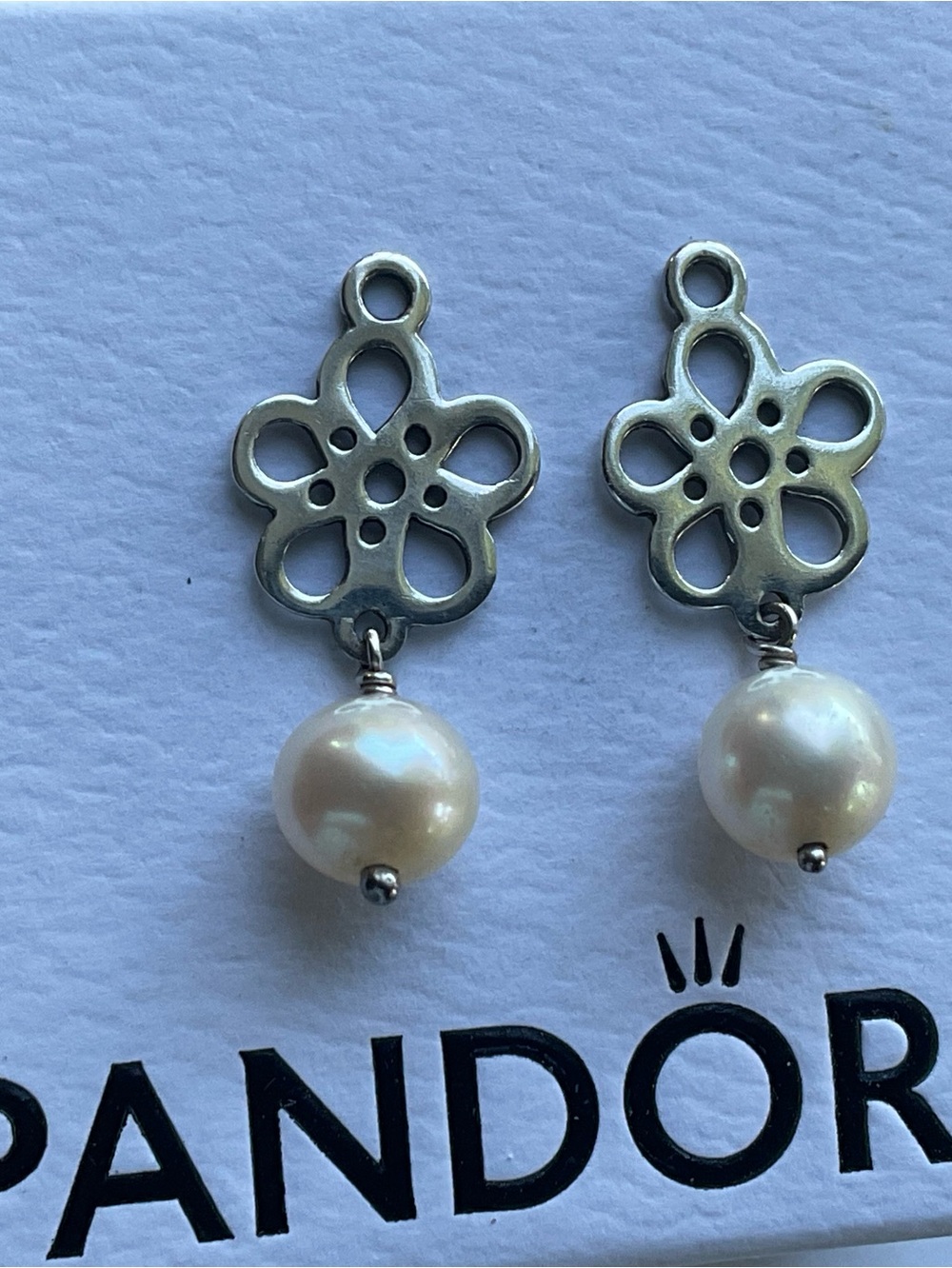 Pandora Silver and Cream Flower Earrings